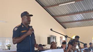 OMUTHIYA, 07 May 2025 - The Namibian Police Force Inspector General Lieutenant General Joseph Shikongo speaking during the engagement with junior officers on Wednesday.  (Photo: Maria David)NAMPA