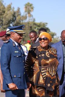WINDHOEK, 07 MAY 2025 - Namibian Air Force Air Vice Marshal, Teofilus Shaende (L) pictured with President Netumbo Nandi-Ndaitwah during the inauguration of the NDF Y-9E aircraft at the Hosea Kutako International Airport. (Photo by: Tyrese Campbell) NAMPA 