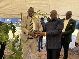 RUNDU, 12 May 2025 - Governor of the Kavango East Region Hamunyera Hambyuka  together with the Principal of Dr Herbert Diaz Secondary School Hamunyera Konrad during the region’s tree planting day at the school on Monday. ( Photo by: Sawi Hausiku) NAMPA