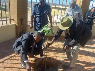 OPUWO, 12 MAY 2025 - Kunene Governor Vipuakuje Muharukua, [dressed in a black suit], spearheaded a regional initiative to plant trees in tribute to founding president Sam Nujoma. The event took place in the governors' chamber at Opuwo on Monday. (Photo by: Uakutura Kambaekua) NAMPA.

