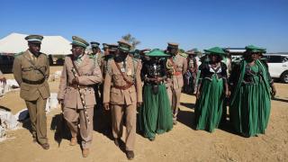 OKAHANDJA, 12 May 2025 - Some members of the Ovambanderu Youth League who paid tribute to Senior Councillor of the Ovambanderu Traditional Authority, Gerson Kunomundu Katjirua during his burial in Okahandja on Sunday (Photo: Zebaldt Ngaruka) NAMPA 