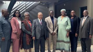 SWAKOPMUND, 15 MAY (NAMPA) - Members of the public service commission after a courtesy visit to the office of the Erongo Governor Neville Andre Itope  (in cream suit). The commissioners include (right of governor) Chairperson of the commission Salmaan Jacobs, Batseba Katjioungua, Habate Döeses and Gerson Kamatuka and (left of governor) Nashilongo Shivute, Emelda Katjau and Michael Mutonga. (Photo by: Isabel Bento) NAMPA