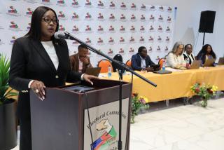 OTJIWARONGO, 19 May 2025 - Chairperson of the Electoral Commission of Namibia (ECN), Elsie Nghikembua speaks Monday morning at the official opening of a nearly two-week training programme at Otjiwarongo for the regional electoral officers to conduct supplementary registrations of voters for November 2025's mass regional and local authority elections. (Photo by: Mulisa Simiyasa) NAMPA 