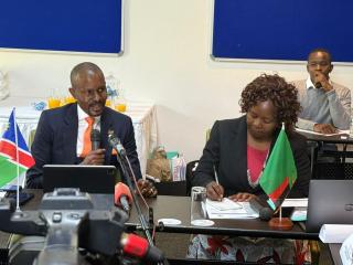 LIVINGSTONE, 04 June 2025 – Commissioner of the Namibia Revenue Agency (NamRA), Sam Shivute pictured with Zambian Permanent Secretary in the Ministry of Commerce, Trade and Industry, Lilian Bwalya at the Joint Steering Committee meeting held in Livingstone, Zambia on Wednesday.
(Photo: Contributed)
