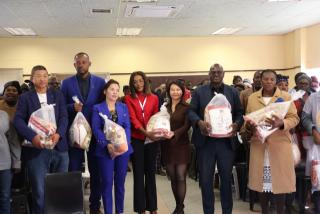 WINDHOEK, 05 JUN 2025 - Members of the Moses //Garoeb Constituency received food donation from Chinese businesswoman Stina Wu (middle) standing next to her is the Constituency councillor Stefanus Ndengu (Photo: Linea Dishena) NAMPA