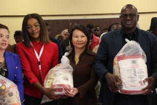 WINDHOEK, 05 JUN 2025 - Members of the Moses //Garoeb Constituency received food donation from Chinese businesswoman Stina Wu (middle) standing next to her is the Constituency councillor Stefanus Ndengu (Photo: Linea Dishena) NAMPA