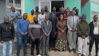 WALVIS BAY, 06 June 2025 - Minister of Agriculture, Fisheries, Water and Land Reform Inga Zaamwani and Minister of Justice and Labour Relations Wise Immanuel photographed with fishermen, union representatives and fishing companies at the end of the long awaited industry consultations at Walvis Bay. (Photo by: Isabel Bento) NAMPA