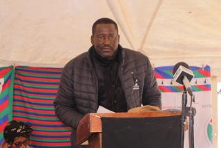 BERSEBA, 10 June 2025 - Swapo party ||Kharas regional coordinator, Matheus Mumbala pictured as he read the message of condolences to the late Tiboth family by the Swapo party president, Netumbo Nandi-Ndaitwah. (Photo by: Suzith Tjitaura) NAMPA  