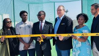 SWAKOPMUND, 18 June 2025 - Erongo Governor Neville Andre Itope, Swakopmund Deputy Mayor Suama Kautondokwa, CEO of Langer Heinrich Uranium Mine Johan Roux and Cricket Namibia Johan Muller as well as Hanganeni Primary School Principal Bertha Kadhila during the inauguration of the cricket hub at the Hanganeni Primary School at Swakopmund. (Photo by: Isabel Bento) NAMPA