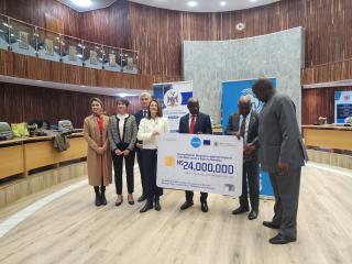 WINDHOEK, 18 June 2025 - Prime Minister Elijah Ngurare and Minister of Urban and Rural Development Sankwasa James Sankwasa receiving donations from UNICEF, EU and Japan (Photo: Molly Weyulu) NAMPA