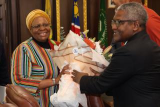 WINDHOEK, 19 June 2025 - President Netumbo Nandi-Ndaitwah welcoming Nigerian businessman Aliko Dangote at State House (Photo: Andreas Thomas) NAMPA
