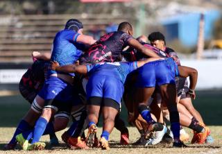 WINDHOEK, 21 June 2025 - Welwitschias players (in blue) and Airlink Pumas players in a scrum during a friendly match which the Pumas won 59-19 at Hage Geingob Stadium in Olympia, Windhoek. (Photo by: Hesron Kapanga) NAMPA 
