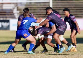 WINDHOEK, 21 June 2025 - Welwitschias players (in blue) and Airlink Pumas players in action during a friendly match which the Pumas won 59-19 at Hage Geingob Stadium in Olympia, Windhoek. (Photo by: Hesron Kapanga) NAMPA 
