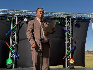 MARIENTAL, 21 June 2025 - The Governor of the Hardap Region, Riaan McNab delivering his speech at World Music Day hosted in Mariental at the Mariental Showgrounds on Saturday. (Photo by: Charmaine Boois) NAMPA