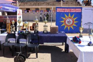 OTJIWARONGO, 23 June 2025 - Some of the trophies to be won on Saturday at the 2025 Namibian Police Force's 28th annual sports championship underway at Otjiwarongo in the Otjozondjupa Region. (Photo by: Mulisa Simiyasa) NAMPA