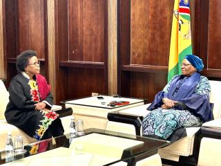 WINDHOEK, 26 June- President Netumbo Nandi-Ndaitwah pictured with outgoing South African Ambassador Thenjiwe Ethel Mtintso. (Photo by Eba Kandovazu). NAMPA