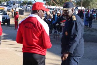 OTJIWARONGO, 28 June 2025 - Namibian Police Force (NamPol) Inspector-General, Lieutenant-General Joseph Shikongo (R) in a discussion with the Otjozondjupa Regional Police Commander, Commissioner Philip Hidengwa (L) at the NamPol's 28th championship award ceremony Saturday afternoon in Otjiwarongo. (Photo by: Mulisa Simiyasa) NAMPA
