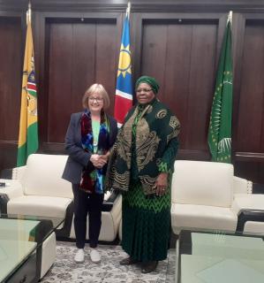 WINDHOEK, 03 July 2025 - President Netumbo Nandi-Ndaitwah together with the Ambassador of Ireland to Namibia Bronagh Carr at statehouse during a courtesy call. (Photo: Edward Tenete) NAMPA 