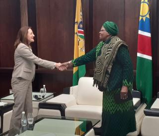 WINDHOEK, 03 July 2025 - President Netumbo Nandi-Ndaitwah pictured with the European Union Ambassador to Namibia Ana Beatriz Martins qt statehouse. (Photo: Edward Tenete) NAMPA 