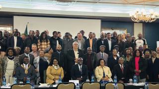 SWAKOPMUND, 04 July 2025 - Deputy Minister in the Ministry of Urban and Rural Development Evelyn !Nawases-Taeyele, Erongo Governor Natalia /Goagoses, Swakopmund Mayor Blasius Goraseb, Erongo Regional Council Chief Regional Officer Sem Ntelamo as well as the Chairperson of the ERC Management Committee Florian Donatus photographed with stakeholders attending the Uis Investors’ conference at Swakopmund. (Photo by: Isabel Bento) NAMPA