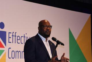 Swakopmund, 18 July 2025 - Hyphen Hydrogen Communication and Stakeholder Relations Lead Ricardo Goagoseb speaking on Effective stakeholder engagement for service delivery and policy impact at the Effective Communicators’ Conference at Swakopmund. (Photo by: Isabel Bento) NAMPA