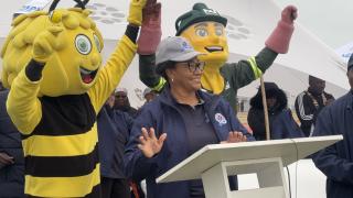 SWAKOPMUND, 24 July 2025 - Erongo Governor Natalia /Goagoses flanked by some state owned enterprises mascots  at the opening of the SOE sports games taking place at the Vineta Sports Stadium in Swakopmund. (Photo by: Isabel Bento) NAMPA