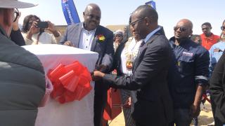 SWAKOPMUND, 30 August 2023 - Erongo RED Chief Executive Officer Immanuel Tino !Hanabeb photgraphed with then Erongo Governor Neville Andre Itope during the electrification of houses at the DRC informal settlement in Swakopmund. (Photo by: Isabel Bento) NAMPA