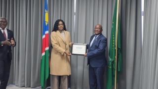 WINDHOEK, 06 AUGUST 2025 - Former Minister of Health and Social Services Kalumbi Shangula and Minister of Health Esperance Luvindao pictured during a handover of the Africa CDC award recently awarded to Kalumbi. (Photo: Molly Weyulu) NAMPA 
