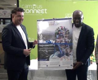 WINDHOEK, 12 August 2025 - Deputy Minister of Education, Innovation, Youth, Sports, Arts and Culture Hon. Dino Balotti with Shinana Nghixulifwa at the launch of Campus Connect.(Photo: Maysa Sangeve) NAMPA 