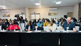 WALVIS BAY, 01 SEPTEMBER 2025 -  (r-l) Professor Peter Teske from the Tshwane University of technology, Professor Tshifhiwa NANGAMMBI from the same University, Walvis Bay Deputy Mayor Sara Mutondoka photographed at the opening of the 10th SANUMARC Annual Research Conference at Walvis Bay. (Photo by: Isabel Bento) NAMPA