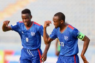 FRANCISTOWN, 09 September 2025 - Namibia’s international striker Peter Shalulile (R) celebrates a goal at the Obed Itani Chilume Stadium in Francistown, Botswana, against São Tomé and Príncipe in their FIFA World Cup qualifier. Shalulile netted his first-ever hat-trick for the Brave Warriors in their 3-0 win. (Photo by: Hesron Kapanga) NAMPA