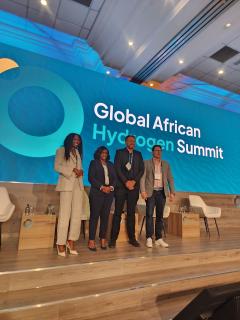 WINDHOEK, 11 SEPTEMBER: Industry leaders discuss hydrogen and sustainable transport solutions during a panel at the Global African Hydrogen Summit (GAH2S) in Windhoek. From left: Saarty Mikka (Nampower), Toska Sem (NCAA), Antone Smalberger (Toyota South Africa), and Graydon Epstein (Mafika Engineering SA). (Photo: Molly Weyulu) NAMPA