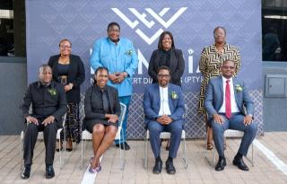 WINDHOEK, 15 September- Moses Pakote Executive Director, Ministry of Industries, Mines and Energy, Lelly Usiku
(Acting NAMDIA CEO), Natangue Ithete Deputy Prime Minister and Minister of Industries,
Mines and Energy) pictured with NAMDIA board members. (Photo contributed). NAMPA