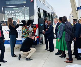 OMARURU, 18 September 2025 - Prime Minister Dr. Elia Ngurare refueling Namibia’s first hydrogen-powered bus during the inauguration of the Cleanergy Solutions, the country’s first-ever operational green hydrogen project at Walvis Bay. (Photo by: Isabel Bento) NAMPA