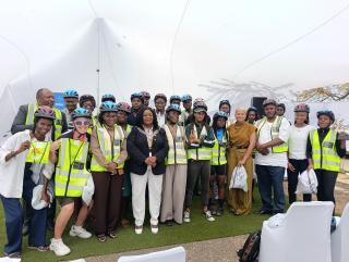 Windhoek, 22 September 2025 (NAMPA) - Mayor of Windhoek Ndeshihafela laranja poses with cyclists and pedestrians whom recieved safety gear from the City of Windhoek. (Photo: Negumbo Ali) NAMPA