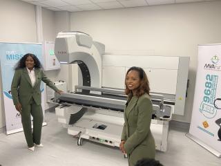 WINDHOEK, 29 September 2025 - The Minister of Health and Social Services, Esperance Luvindao pictured together with the Motor Vehicle Accident Fund’s Chief Executive Officer, Rosalia Martins-Hausiku in front of the Ladox machine. (Photo: Edward Tenete) NAMPA
