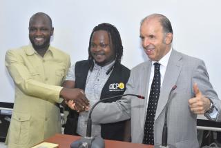 RABAT, 02 October 2025 - Secretary General of the Atlantic Federation of African News Agencies (FAAPA) Mohamed Anis (r) photographed with Guylain Kipoke (middle) of the Congolese News Agency (ACP) who was selected as General Coordinator of the newly formed and launched Network of Photojournalists (NPJ) of FAAPA, and Secretary General Abdoul Rahamane Ousman Maman from the Nigerien News Agency (ANP). (Photo contributed) NAMPA