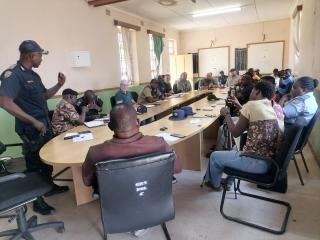 OTJIWARONGO, 09 October 2025 - The Namibian Police Force's Otjozondjupa Regional Commander, Commissioner Philip Hidengwa (L) speaks at Otjiwarongo on Thursday afternoon at a planning meeting ahead of the festive season with some managers of private security companies in the region. (Photo by: Mulisa Simiyasa) NAMPA 
