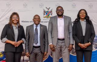 WINDHOEK,15 OCTOBER 2025 - Prime minister Elijah Ngurare  (C) Minister of Information Communication and Technology, Emma Theofelus (L) and Khomas Regional Governor Sam Shafishuna Nujoma (R) during the launch of the National Mega Hackathon in Windhoek (Photo: Contributed). NAMPA