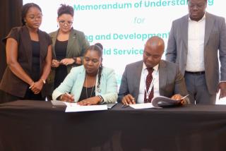 WINDHOEK, 16 October 2025 - From left to right CEO of Namibia Petrol Fund Nillan Mulemi, and Victor Joseph (BH Namibia Country Director) while signing the MoU during the Baker Hughes suppliers day which was held in Windhoek. (Phpto by: Hesron Kapanga) NAMPA 
