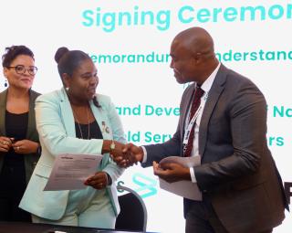 WINDHOEK, 16 October 2025 - From left to right CEO of Namibia Petrol Fund Nillan Mulemi, and Victor Joseph (BH Namibia Country Director) shakes hands after signing the MoU during the Baker Hughes suppliers day which was held in Windhoek. (Phpto by: Hesron Kapanga) NAMPA 