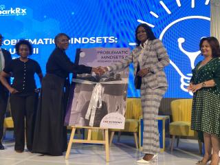 WINDHOEK, 17 October 2025 - The former First Lady of Namibia, Monica Geingos (L) pictured shaking hands with the Minister of Health and Social Services, Dr Esperance Luvindao (R) during the launch of Problematic Mindsets Volume Two. (Photo: Edward Tenete) NAMPA