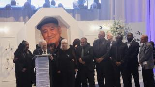 WALVIS BAY, 07 October 2025 - The “Golden Girls and Boys”, a close-knit group of friends to which the late John Savva his wife Roulla both belonged, delivering a tribute during a memorial service. Among the group is former minister of fisheries and marine resources Derek Klazen and former Erongo Governor Neville Andre, among others. (Photo by: Isabel Bento) NAMPA