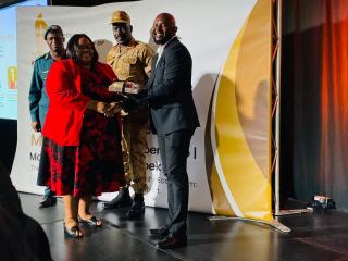 WINDHOEK, 22 OCTOBER 2025 - Minister of Home Affairs, Immigration, Safety and Security Lucia Iipumbu, (L) Inspector General of NamPol Joseph Shikongo (C) and president of the Security Association of Namibia (SAN) Dhiginina Uutaapama (R) pictured during 1st Namibia private security conference and 33rd Security Association of Namibia (SAN) annual general meeting (Photo: Paulina Stefanus) NAMPA