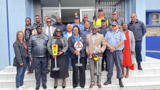 SWAKOPMUND, 24 October 2025 - Erongo Governor Natalia |Goagoses, Erongo Police Commander Commissioner Nikolaus Kupembona, Erongo Regional Council Chief Regional Officer Sem Ntelamo and Chairperon of the ERC Benitha Imbamba photographed with stakeholders at the relaunch of the Erongo Road Safety Forum at Swakopmund on Friday. (Photo by: Isabel Bento) NAMPA