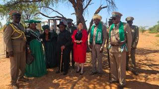 AMINUIS, 27 October 2025 - Ovambanderu Chief Tjozohongo II Nguvauva pictured with Deputy Minister of Industries, Mines and Energy Gaudentia Krohne,  Omaheke Governor Pijoo Nganate, and the Ovambanderu leadership during the commemoration of the Ovambanderu community’s forced migration from concentration camps to Aminuis. (Photo by: Zebaldt Ngaruka) NAMPA