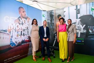 WINDHOEK, 05 November 2025 - Nedbank Namibia on Wednesday launched its #GetMoneyFit marketing campaign, which is aimed at empowering Namibians to take control of their financial wellbeing through consistent and intentional money habits. Pictured here during the launch are Nedbank's Marketing Manager Reliance Chiwome; Chief Commercial Officer JG van Graan; Communications and PR Manager Selma Kaulinge; and Marketing Officer Vistorina Kagola. (Photo: Contributed)