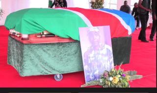 SINGALAMWE, 07 November 2025 -  Namibian flag draped coffin of Namibian war veteran, Office Chisozu (90) who was was accorded a military funeral by President Netumbo Nandi-Ndaitwah was on Saturday laid to rest at Kamenga Shrine in the Kongola Constituency of the Zambezi Region. 

(Photo: Contributed) NAMPA
