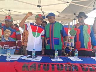 WINDHOEK, 09 November 2025 - The Swapo party candidate for the upcoming elections in the Katutura Central Constituency, Muesee Kazapua, pictured with Dr. Kaire Mbuende and other members during the ruling party's mini rally in Katutura on Sunday. (Photo by: Uakutura Kambaekua) NAMPA.