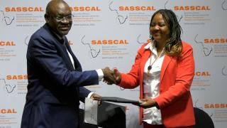 WINDHOEK, 10 NOVEMBER 2025 - Teofilus Nghitila Executive Director at the Ministry of Agriculture, Fisheries, Water and Land Reform (L) and SASSCAL Executive Director Nelago Indongo (R) during the handover of Automated Weather Stations in Windhoek. (Photo: Esther Gabriel) Nampa.